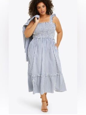 Draper James Blue and White Striped Smocked Midi Dress